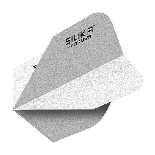 Harrows Silica Solid Tough Crystalline Coating White No6 Flights Das Bild zeigt ein weißes Dart-Flight mit der Aufschrift "Silika Harrows". Das Flight hat eine solide, strukturierte Oberfläche und ist speziell für hohe Haltbarkeit entwickelt.
