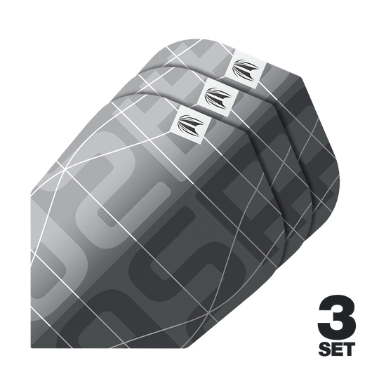 Target Pro Ultra Aspinall X Echo No6 Flights - 3 Sets Das Bild zeigt drei Sätze Target Pro Ultra Aspinall X Echo No6 Flights für Darts. Die Flights haben ein modernes, graues Design mit weißen Linien und einem kleinen Logo.