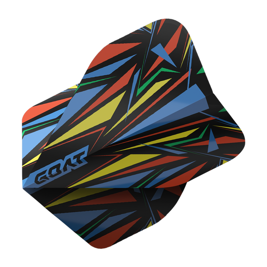 GOAT Athlete Blue No2 Standard Flights Das Bild zeigt das Produkt "GOAT Athlete Blue No2 Standard Flights". Die Flügel haben ein farbenfrohes, abstraktes Muster mit Blau, Gelb, Rot, Grün und Schwarz.