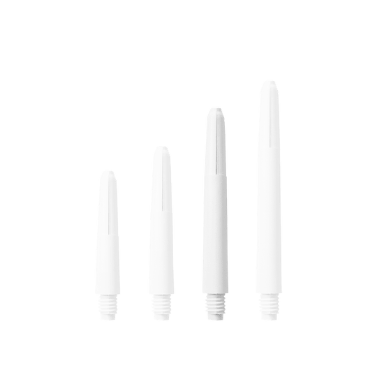 Das Bild zeigt vier Nylon Shafts in Schneeweiß, die nebeneinander angeordnet sind. Sie unterscheiden sich in ihrer Länge und haben ein Schraubgewinde am unteren Ende.