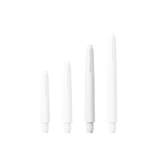 582_Nylon_Shafts_Schneeweiss_40mm_1icpz0G9NZ3NKO Das Bild zeigt vier Nylon Shafts in Schneeweiß, die nebeneinander angeordnet sind. Sie unterscheiden sich in ihrer Länge und haben ein Schraubgewinde am unteren Ende.