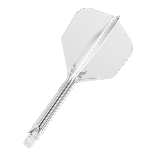 Target K-Flex No6 Flight System - Clear Das Bild zeigt einen transparenten Dart-Flug mit Schaft vor schwarzem Hintergrund. Das Produkt wirkt modern und klar gestaltet.