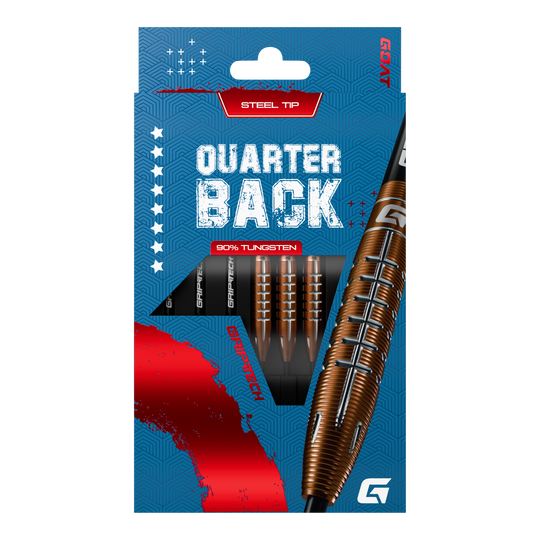 GOAT Quarterback V2 Tungsten Steel Darts - 24g Die Verpackung zeigt die "GOAT Quarterback V2 Tungsten Steeldarts - 24g" mit Stahlspitze. Die Darts bestehen zu 90% aus Tungsten und haben ein modernes Design.