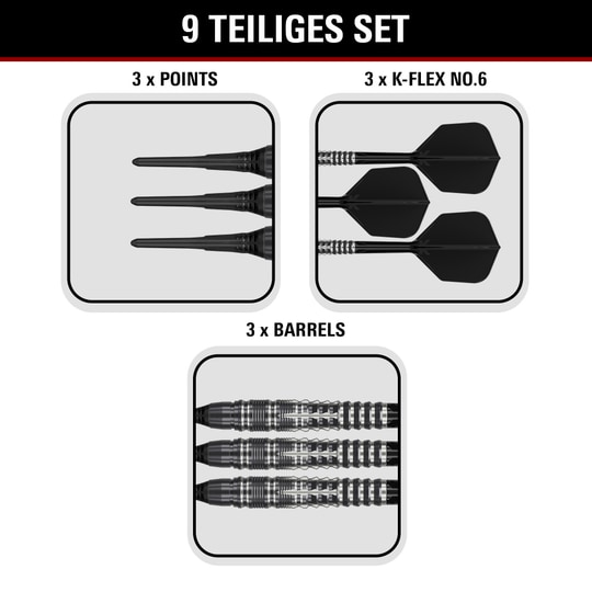 Target Black Marque Blaze Soft Darts - 18g Gezeigt werden die Target Black Marque Blaze Softdarts mit 18g Gewicht. Diese Softdarts sind für ambitionierte Spieler entworfen.
