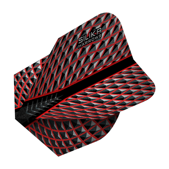 HR80_Harrows_Silika_Red_No6_Flights_2 Das Bild zeigt die Produktflügel „Harrows Silika Red No6 Flights“. Die Flügel haben ein auffälliges Muster in Schwarz, Rot und Silber mit der Aufschrift „Silika Harrows“.