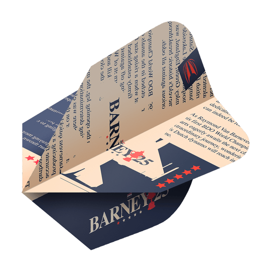 Das Bild zeigt ein Target ProUltra Raymond Van Barneveld Barney25 Ten-X Flight für Darts. Das Flight ist in Beige und Dunkelblau gehalten und mit Text sowie Sternen dekoriert.