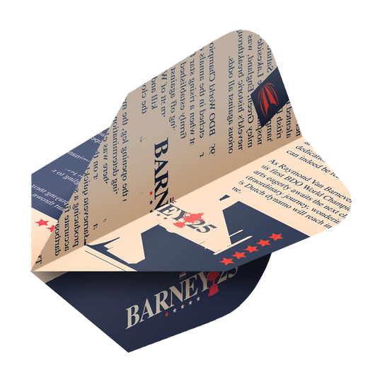 Target ProUltra Raymond Van Barneveld Barney25 Ten-X Flights Das Bild zeigt ein Target ProUltra Raymond Van Barneveld Barney25 Ten-X Flight für Darts. Das Flight ist in Beige und Dunkelblau gehalten und mit Text sowie Sternen dekoriert.