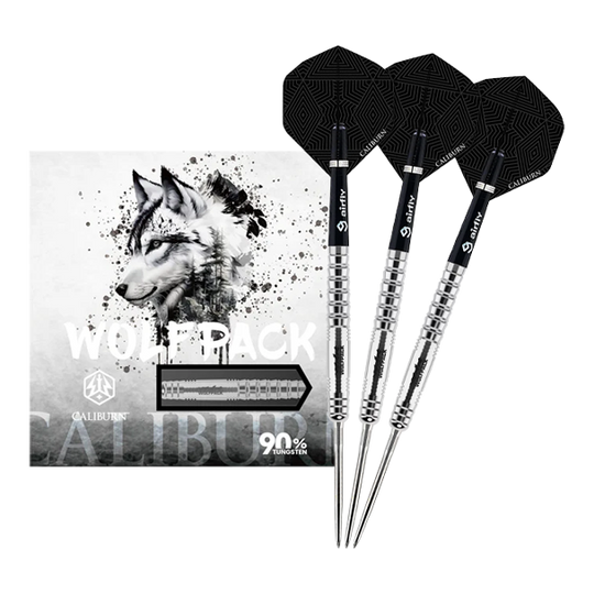 Gezeigt wird der Caliburn Wolfpack W6 Steeldart – 22g in voller Ansicht. Dieser Steeldart steht für genaue Würfe und hohe Qualität.