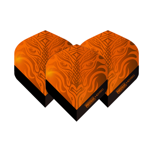 Pentathlon HD150 Metallic Orange Standard Flights Das Bild zeigt drei Pentathlon HD150 Metallic Orange Standard Flights. Sie haben ein auffälliges orangenes Design mit schwarzen Akzenten und einem dekorativen Muster.