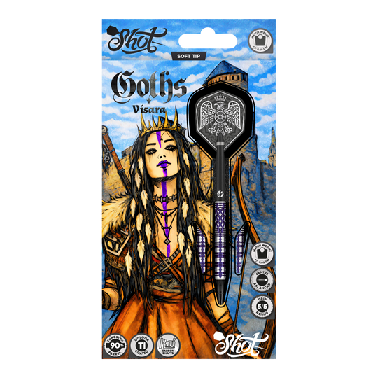 Shot Goths Visara Soft Darts - 20g Hier sieht man die Shot Goths Visara Softdarts - 20g. Diese hochwertigen Softdarts sind speziell für den Freizeitsport entworfen.