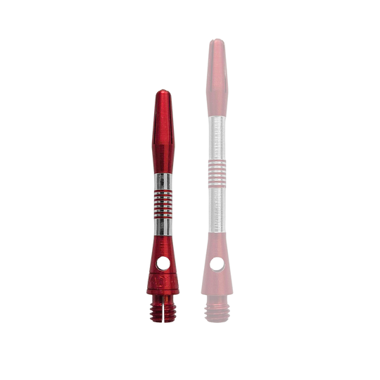 Bild zeigt rote Aluminium Shafts mit einer Länge von 34 mm. Es handelt sich vermutlich um Zubehör für Darts.