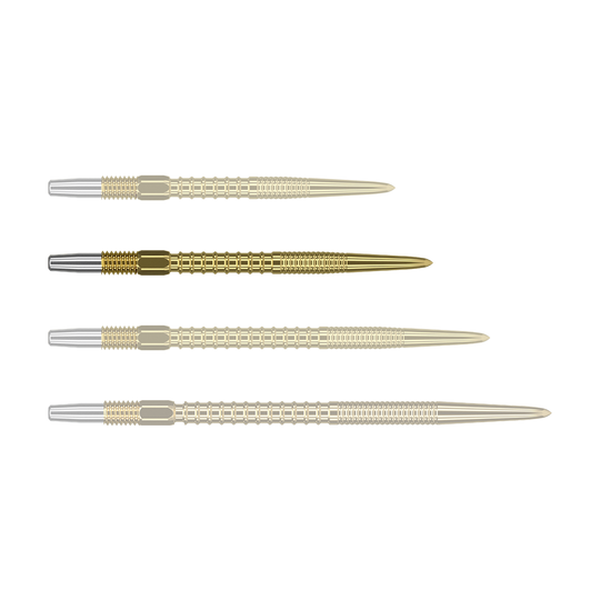 Target Swiss Firepoint Gold dart tips Das Bild zeigt vier goldfarbene Dartspitzen, die nebeneinander liegen. Die Spitzen haben einen silbernen Ansatz und eine gerillte Struktur.