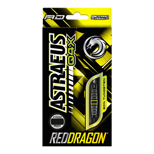 Red Dragon Astraeus Q4X Torpedo Steel Darts Die Abbildung zeigt die Verpackung der "Red Dragon Astraeus Q4X Torpedo Steeldarts". Das Design ist überwiegend schwarz und gelb, mit auffälligem Markenschriftzug und einer sichtbaren Abbildung eines Darts.