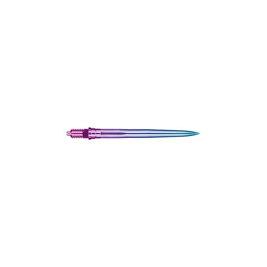 Glatte Dartspitze im Regenbogen-Farbverlauf, 28 mm Länge. Die Spitze ist mehrfach abgebildet.