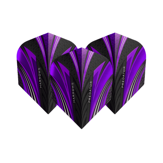 HR7523_Harrows_Prime_Predator_Purple_No2_Standard_Flights_14HUTV68H2qTYT Das Bild zeigt drei Dart-Flights mit dem Namen "Harrows Prime Predator Purple No2 Standard Flights". Sie sind in den Farben Lila, Schwarz und Silber mit einem modernen Design gestaltet.