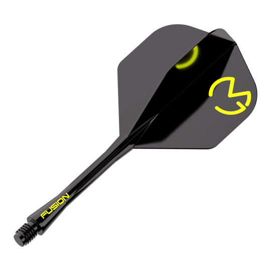 Winmau Fusion Flight Shaft System Michael Van Gerwen Pacman No6 Das Bild zeigt das Winmau Fusion Flight-Shaft-System Michael Van Gerwen Pacman No2 Standard. Es ist schwarz mit gelben Akzenten und dem Logo auf dem Flight.