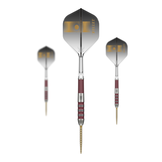 Das Bild zeigt drei Target Stephen Bunting 95K Swiss Point Steeldarts. Die Darts haben schwarze Flights mit goldenen Akzenten und einen rot-silbernen Griffbereich.