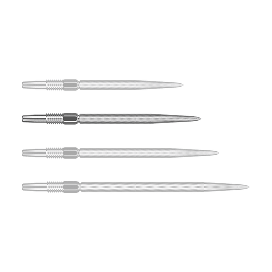 Target Swiss Point Nano Dart Tips - Silver Auf dem Bild sind vier silberne Dartspitzen in einer Reihe nebeneinander zu sehen. Sie sind schmal, lang und haben feine Rillen entlang der Oberfläche.