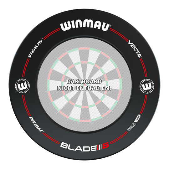 Winmau Pro-Line Blade 6 Dartboard Surround Das Bild zeigt den Winmau Pro-Line Blade 6 Dartboard Surround in Schwarz mit roten und weißen Akzenten. In der Mitte steht der Hinweis: "Dartboard nicht enthalten!"