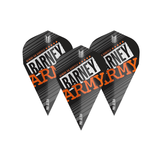 TG65_334350_Target_ProUltra_Barney_Army_Black_Vapor_Flights_1OAqgF28riGopN Das Bild zeigt drei schwarze Dart-Flights mit der Aufschrift "Barney Army" in weißer und orangefarbener Schrift. Auf den Flights steht außerdem "Pro Ultra" und sie haben ein Streifendesign.