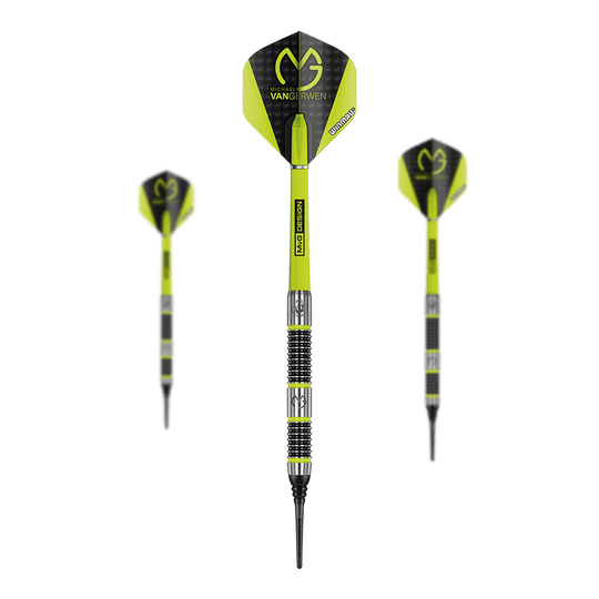 Winmau Michael Van Gerwen MvG Aspire Soft Darts - 20 g Das Bild zeigt drei gelb-schwarze Softdarts der Marke Winmau Michael Van Gerwen MvG Aspire mit einem Gewicht von 20 Gramm. Auf den Flights ist das MvG-Logo gut sichtbar.