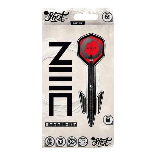 Shot ZEN Straight Softdarts - 20g Abgebildet sind die Shot ZEN Straight Softdarts - 20g. Diese Darts zeichnen sich durch ihre gerade Form aus.