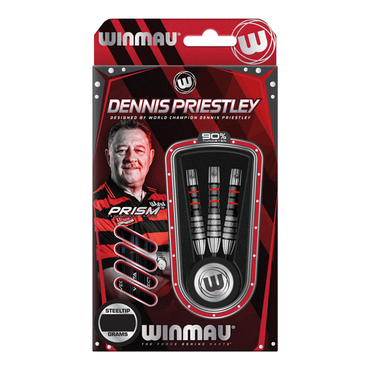 Das Bild zeigt die Verpackung der Winmau Dennis Priestley Diamond 3-Zero Steeldarts. In der Packung sind drei hochwertige Steeldarts aus 90% Tungsten zu sehen.