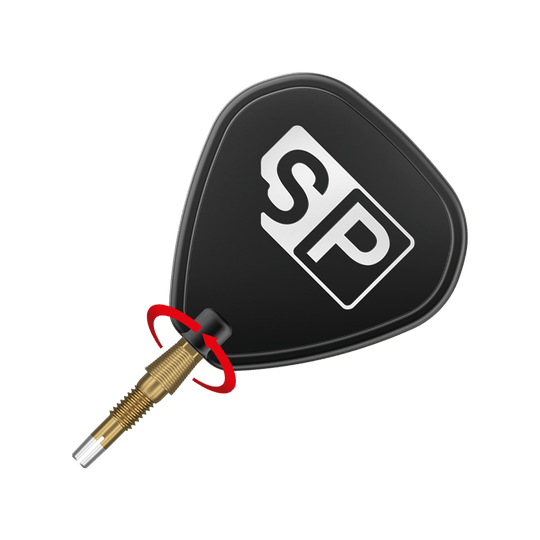 340086_Target_Swiss_Storm_Nano_Point_Dartspitzen_Gold_3_SP Das Bild zeigt eine goldene Dartspitze mit einem schwarzen Flight, auf dem die Buchstaben "SP" stehen. Ein roter Pfeil deutet auf eine Drehbewegung an der Verbindung zwischen Spitze und Flight hin.