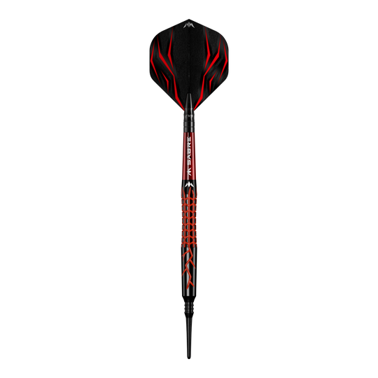 Mission Lava Softdarts - 20g Dies ist der Mission Lava Softdart mit einem Gewicht von 20 Gramm. Er hat ein auffälliges Design in Schwarz und Rot mit roten Flammenmustern.