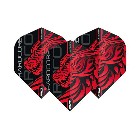 TF6537_Red_Dragon_Hardcore_Jonny_Clayton_Dragon_Standard_Flights_1TfMdEIaRsyDvh Das Bild zeigt die "Red Dragon Hardcore Jonny Clayton Dragon Standard Flights" für Darts. Die Flights sind schwarz mit einem auffälligen roten Drachenmotiv und der Aufschrift "HARDCORE".
