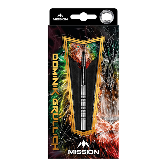 Mission Dominik Grüllich Steeldarts Die Abbildung zeigt die Verpackung der "Mission Dominik Grüllich Steeldarts - 23,5g". Die Verpackung ist bunt gestaltet und zeigt einen einzelnen Dartpfeil in der Mitte.