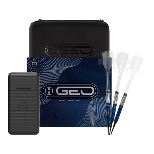 Auf dem Bild sind die Harrows GEO Parallel Softdarts vollständig sichtbar. Sie zeichnen sich durch ihre parallele Barrel-Form aus.