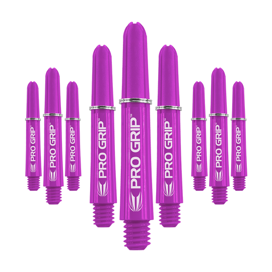 Target Pro Grip Shafts - 3 Sets - Purple Das Bild zeigt neun lilafarbene Dartschäfte mit der Aufschrift "PRO GRIP". Sie sind in einer Reihe angeordnet und haben kleine silberne Ringe.