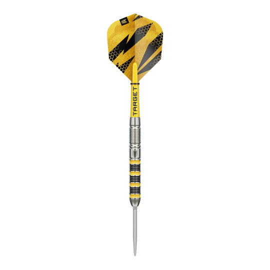 Das Bild zeigt Target Buzz 01 Swiss Points Steeldarts. Es handelt sich um hochwertige Steeldarts für Präzisionswürfe.