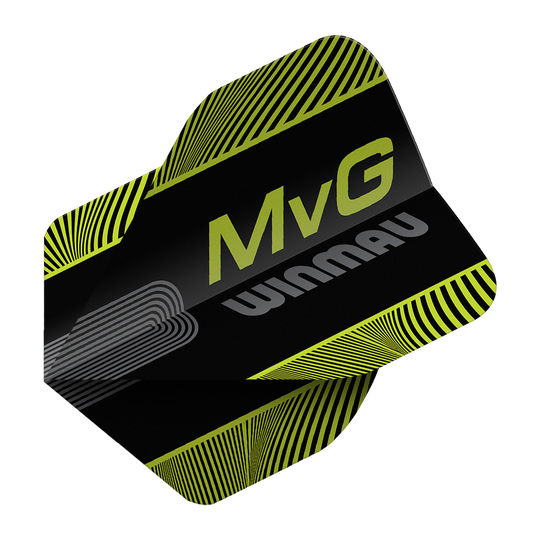 Abgebildet sind die Winmau Prism Delta MvG Black Green Text No2 Standard Flights. Diese Dart-Flights haben ein schwarzes und grünes Farbmuster mit Schriftzug.