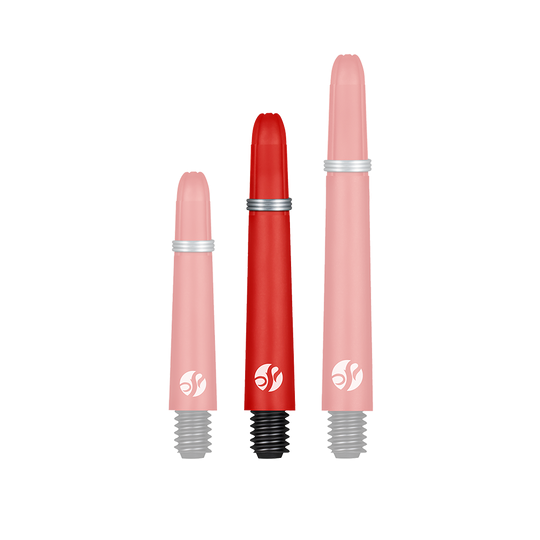 Shot Koi Carbon Shafts - Red Das Bild zeigt drei rote Dartschafts in unterschiedlichen Längen. Sie haben schwarze Gewinde und Silberringe zur Befestigung.