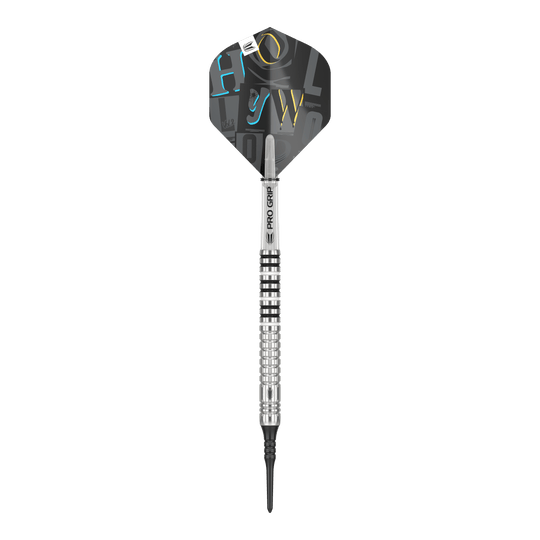 Target Chris Dobey GEN1 Softdarts - 19g Das Bild zeigt einen Target Chris Dobey GEN1 Softdart mit einem Gewicht von 19g. Der Dart hat ein silbernes Barrel mit Rillen und einen schwarzen Flight mit bunten Buchstaben.
