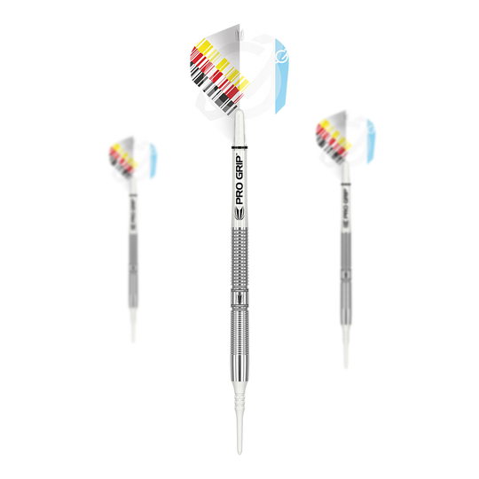 Target Gabriel Clemens Generation One Softdarts Das Bild zeigt drei Target Gabriel Clemens Generation One Softdarts. Die Darts haben silberne Griffe und Flights mit einem bunten Streifenmuster.