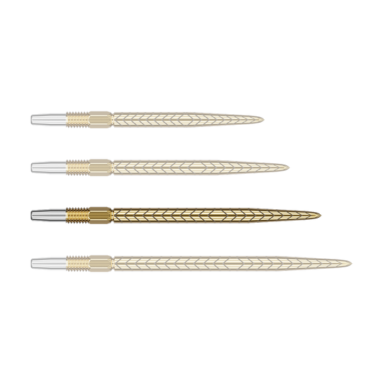 Target Swiss Point RVE dart tips - Gold Alle Dartspitzen sind goldfarben und werden einzeln nebeneinander gezeigt. Die Oberfläche der Spitzen wirkt glatt.