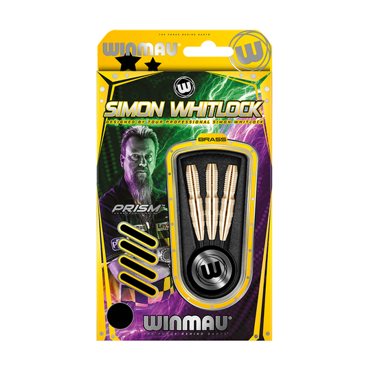 1224_Winmau_Simon_Whitlock_Brass_Steeldarts_3 Die Abbildung zeigt das Produkt "Winmau Simon Whitlock Brass Steeldarts" in einer auffälligen gelb-schwarzen Verpackung. In der Packung sind drei messingfarbene Steeldarts sowie das Bild eines Dartspielers zu sehen.
