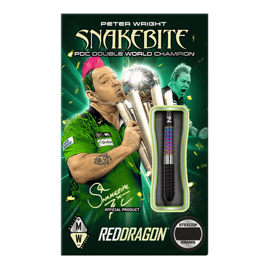 Das Bild zeigt die Verpackung der "Red Dragon Peter Wright Corra Steeldarts". Auf der Verpackung ist Peter Wright mit einer Trophäe sowie ein Dartpfeil abgebildet.