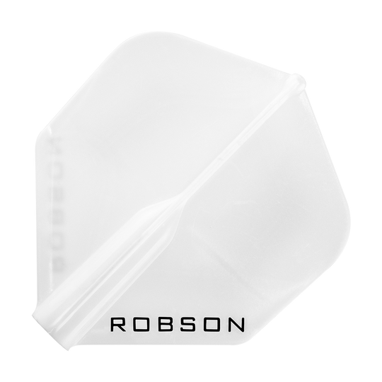 Das Bild zeigt ein weißes Dart-Flügelblatt mit der Aufschrift "ROBSON". Es hat eine klassische, standardmäßige Form und ist durchsichtig.