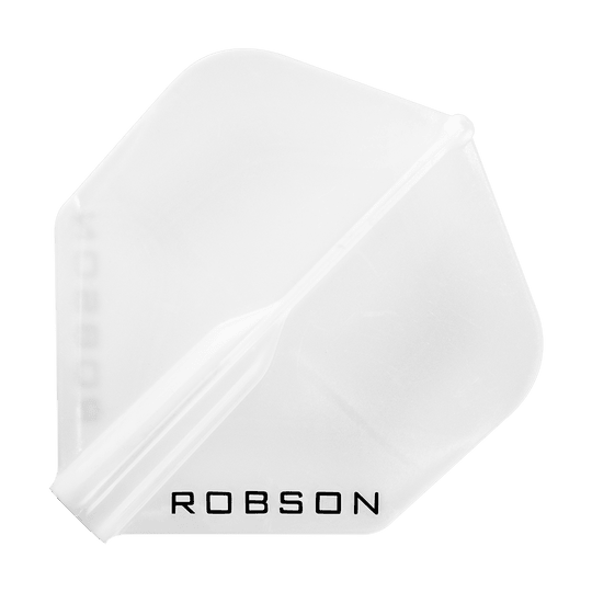 Robson Plus Standard Flights Das Bild zeigt ein weißes Dart-Flügelblatt mit der Aufschrift "ROBSON". Es hat eine klassische, standardmäßige Form und ist durchsichtig.
