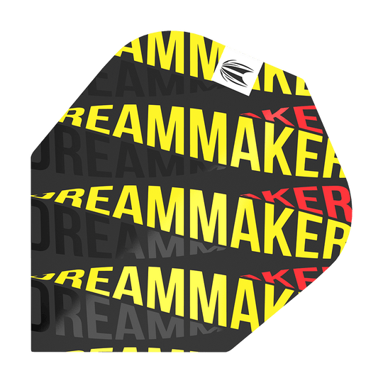 TG79_336530_Target_Pro_Ultra_Dimitri_Van_Den_Bergh_80_No6_Flights_1PJeQxdzcWyWrv Das Bild zeigt das Dartflight "Target Pro Ultri Dimitri Van Den Bergh 80 No6". Das Flight ist schwarz mit dem gelben und roten Schriftzug "DREAMMAKER" bedruckt.