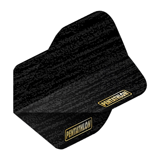Das Bild zeigt das Produkt "Pentathlon RT Sandblast No2 Standard Flights". Die Flights sind schwarz mit einem sandgestrahlten Muster und dem goldenen Pentathlon-Logo.