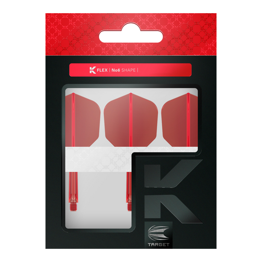 Target K-Flex No6 Flight System - Red Das Bild zeigt eine Verpackung mit drei roten Dartflights und -shafts. Auf der Verpackung steht "K FLEX No6 SHAPE" und sie hat ein modernes Design mit Rot und Schwarz.