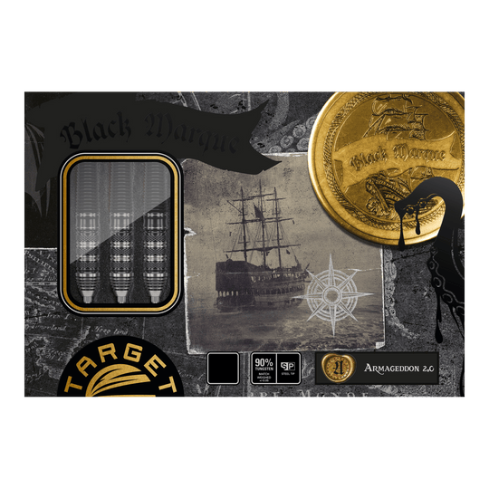 Target Japan Black Marque Armageddon GEN2 Swiss Point Steeldarts Das Bild zeigt die Verpackung der "Target Japan Black Marque Armageddon GEN2 Swiss Point Steeldarts". Auf der Verpackung sind drei Darts, ein altes Segelschiff und goldene Münzen abgebildet.