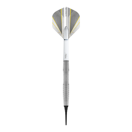 Red Dragon Seren 3 Pure Softdarts - 20g Das Bild zeigt einen Red Dragon Seren 3 Pure Softdart mit einem Gewicht von 20g. Der Dart hat ein silberfarbenes, geriffeltes Barrel und weiße Flights mit gelben Akzenten.