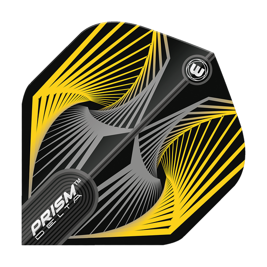 6915-241_Winmau_Prism_Delta_Spiral_YellowGrey_Standard_Flights_10LqQqE7iBbMSm Das Bild zeigt das Produkt "Winmau Prism Delta Spiral YellowGrey Standard Flights". Das Flight ist in Schwarz mit gelben und grauen Spiralstreifen gestaltet.