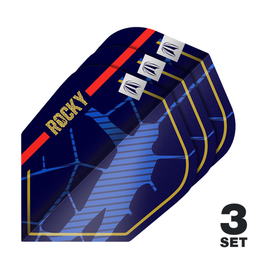 Target Pro Ultra Josh Rock GEN1 No6 Flights - 3 Sets Das Bild zeigt drei Sätze der Target Pro Ultra Josh Rock GEN1 No6 Flights. Die Flights sind dunkelblau mit goldenen, roten und blauen Designelementen sowie dem Schriftzug "ROCKY".